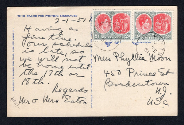 SAINT KITTS & NEVIS - 1951 - GVI ISSUE: Colour PPC 'The Capitol, St. Thomas V.I.' franked on message side with 1938 pair 2d scarlet & pale grey GVI issue (SG 71c) tied by ST. KITTS cds's. Addressed to USA.  (STK/22205)