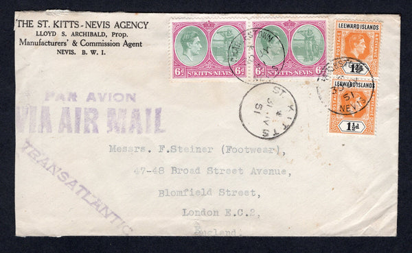 SAINT KITTS & NEVIS - 1951 - MIXED FRANKING & CANCELLATION: Cover franked with pair 1938 6d bright purple & green GVI issue plus Leeward Islands 1938 pair 1½d yellow orange & black GVI issue (SG 74 & 102) tied by CHARLESTOWN NEVIS cds's with ST. KITTS transit cds on front. Sent airmail to UK.  (STK/22207)
