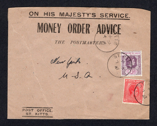 SAINT KITTS & NEVIS - 1947 - MIXED FRANKING & OFFICIAL MAIL: Headed 'ON HIS MAJESTY'S SERVICE' official cover franked with 1938 1d scarlet GVI issue plus Leeward Islands 1938 6d bright purple & deep dull purple GVI issue (SG 69 & 109) tied by ST. KITTS cds's. Addressed to USA.  (STK/22208)