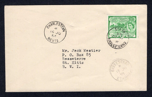 SAINT KITTS & NEVIS - 1954 - CANCELLATION: Cover franked with 1954 2c green QE2 issue (SG 108) tied by fine strike of CHARLESTOWN NEVIS cds with second strike alongside. Addressed to BASSETERRE with arrival cds on front.  (STK/22211)