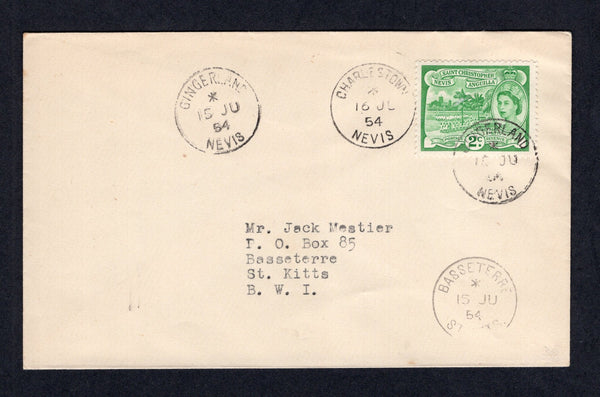SAINT KITTS & NEVIS - 1954 - CANCELLATION: Cover franked with 1954 2c green QE2 issue (SG 108) tied by fine strike of GINGERLAND NEVIS cds's with further strike alongside. Addressed to BASSETERRE with arrival cds on front.  (STK/22212)
