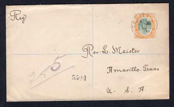 SAINT KITTS & NEVIS - 1921 - REGISTRATION: Registered cover franked with single 1905 1/- grey green & orange (SG 20a) tied by ST KITTS cds dated OCT 14 1921. Addressed to USA with transit & arrival marks on reverse. A scarce stamp on cover.  (STK/24144)