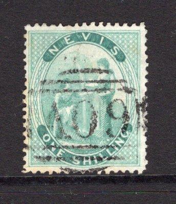 SAINT KITTS & NEVIS - NEVIS - 1867 - CLASSIC ISSUES: 1/- blue green on white paper, perf 15, a very fine used copy with light 'A09' barred numeral cancel. (SG 13)  (STK/25984)