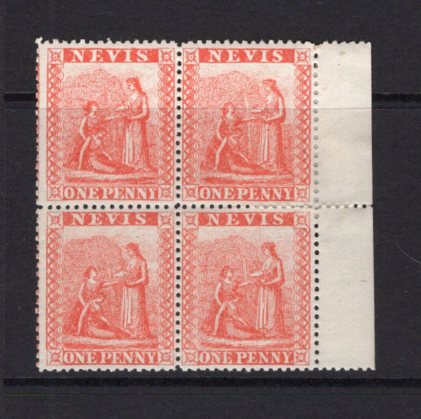 SAINT KITTS & NEVIS - NEVIS - 1871 - CLASSIC ISSUES: 1d vermilion red 'Litho' issue, perf 15, a fine mint side marginal block of four. Some perf re-enforcement. (SG 17)  (STK/25986)