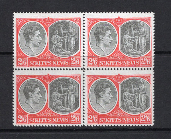 SAINT KITTS & NEVIS - 1938 - MULTIPLE: 2/6 black & scarlet GVI issue on chalk surfaced paper, perf 14, a fine mint block of four. (SG 76a)  (STK/25997)
