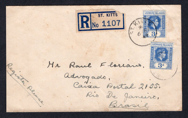 SAINT KITTS & NEVIS - 1949 - DESTINATION & REGISTRATION: Registered cover franked with Leeward Islands 2 x 1938 3d bright blue GVI issue (SG 108) tied by ST. KITTS cds's with printed blue and white 'ST. KITTS' registration label alongside (corner slightly torn). Addressed to BRAZIL with ST JOHNS ANTIGUA transit cds on reverse. Unusual destination.  (STK/26270)