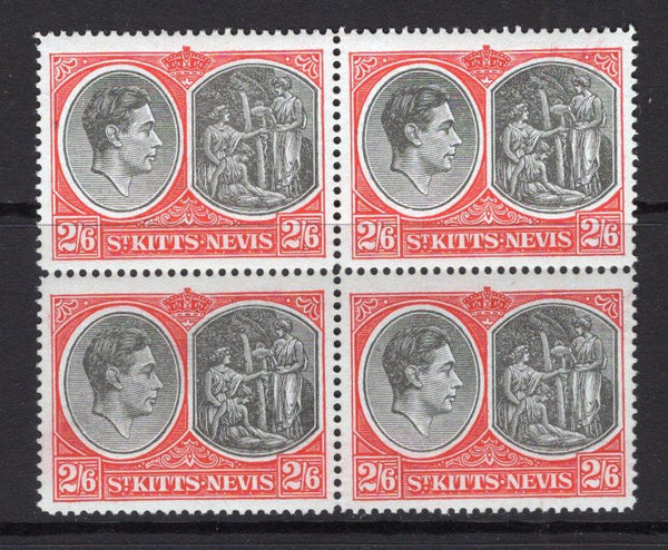 SAINT KITTS & NEVIS - 1938 - MULTIPLE: 2/6 black & scarlet GVI issue, perf 14 on ordinary paper, a fine unmounted mint block of four. (SG 76ab)  (STK/26971)