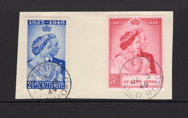 SAINT KITTS & NEVIS - 1949 - CANCELLATION: GVI 'Silver Wedding' pair tied on piece by two strikes of ST KITTS OLD ROAD cds dated JAN 3 1949, the first day of issue. (SG 80/81)  (STK/28914)