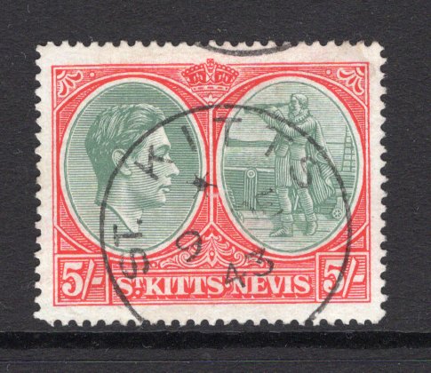 SAINT KITTS & NEVIS - 1938 - MULTIPLE: 5/- grey green & scarlet GVI issue on chalk surfaced paper, perf 14, a fine used copy with ST. KITTS cds dated 9 DEC 1943. (SG 77a)  (STK/32705)