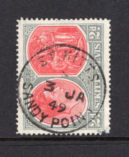 SAINT KITTS & NEVIS - 1938 - CANCELLATION: 2d scarlet & pale grey GVI issue, perf 14 superb used with fine complete strike of ST KITTS SANDY POINT cds dated 3 JAN 1949. (SG 71b)  (STK/32708)