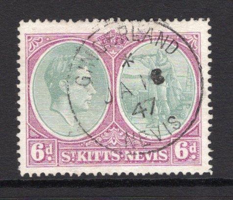 SAINT KITTS & NEVIS - 1938 - CANCELLATION: 6d green & purple GVI issue on ordinary paper, perf 14 used with fine strike of GINGERLAND NEVIS cds dated JAN 16 1947. (SG 74c)  (STK/32712)