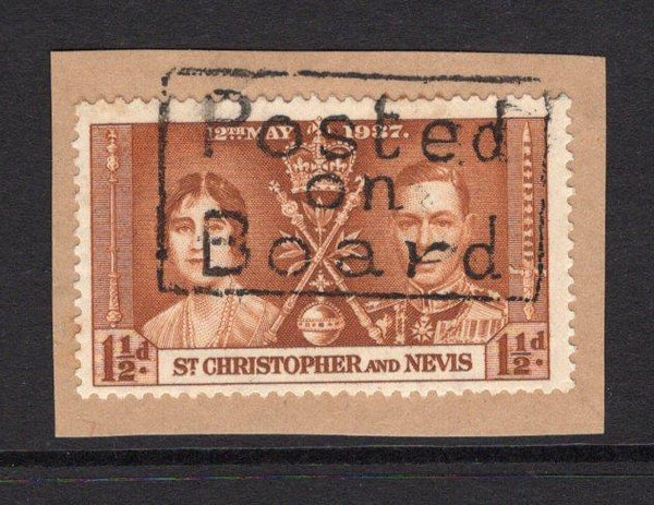 SAINT KITTS & NEVIS - 1937 - MARITIME & CANCELLATION: 1½d buff GVI 'Coronation' issue tied on piece by fine strike of boxed 'POSTED ON BOARD' Barbados maritime cancel. (SG 66)  (STK/33410)