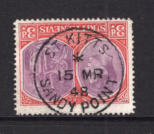 SAINT KITTS & NEVIS - 1938 - CANCELLATION: 3d deep purple & scarlet GVI issue, perf 14 superb used with fine complete strike of ST KITTS SANDY POINT cds dated 15 MAR 1948. (SG 73e)  (STK/34877)