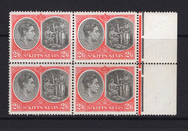 SAINT KITTS & NEVIS - 1938 - MULTIPLE: 2/6 black & scarlet GVI issue, perf 14 on chalk surfaced paper. A fine mint side marginal block of four. (SG 76a)  (STK/36439)