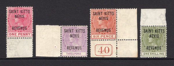 SAINT KITTS & NEVIS - 1885 - POSTAL FISCALS: QV issue with 'SAINT KITTS NEVIS REVENUE' overprint, the set of four all fine marginal mint copies includinmg the 6d with '40' plate number in margin. (SG R3/R6)  (STK/36793)