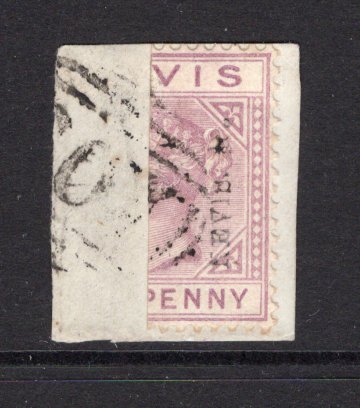 SAINT KITTS & NEVIS - NEVIS - 1883 - PROVISIONAL ISSUE: 'NEVIS ½d' on vertically BISECTED 1d lilac mauve QV issue with overprint in black. A fine used copy tied on small piece by barred numeral 'A09' cancel of CHARLESTOWN. (SG 36)  (STK/39312)