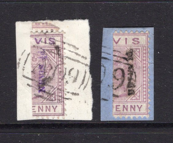 SAINT KITTS & NEVIS - NEVIS - 1883 - PROVISIONAL ISSUE: 'NEVIS ½d' on vertically BISECTED 1d lilac mauve QV issue, two copies with overprint in violet and in black both tied on two individual small pieces by part barred numeral 'A09' cancels of CHARLESTOWN. (SG 35 & 36)  (STK/40255)