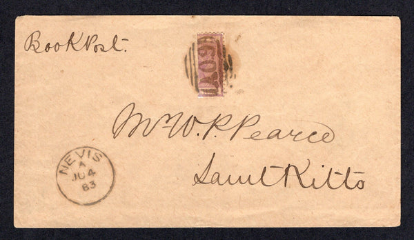 SAINT KITTS & NEVIS - NEVIS - 1883 - BISECT: Cover with manuscript 'Book Post' at top franked with vertically BISECTED 1882 1d lilac mauve QV issue (SG 26a) tied by barred 'A09' cancel in black with fine NEVIS cds dated JUN 4 1883 alongside. Addressed to the 'W P Pearce, Saint Kitts' (Pearce was the postmaster at St Kitts). A rare cover. A similar cover is illustrated on Page 99 of 'Nevis, the Stamps and Postal History 1661-1890' by Borromeo & Freeland.  (STK/40378)