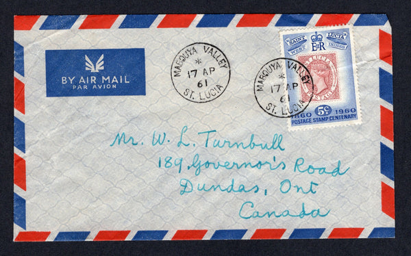 SAINT LUCIA - 1961 - CANCELLATION: Airmail cover franked with single 1960 5c rose red & ultramarine (SG 191) tied by fine strike of MABOUYA VALLEY cds with second strike alongside. Addressed to CANADA.  (STL/13051)