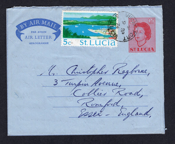 SAINT LUCIA - 1974 - POSTAL STATIONERY & CANCELLATION: 15c red on blue QE2 postal stationery airletter (H&G FG5) used with added 1970 5c 'Castries harbour' issue (SG 279) tied by VIEUX-FORT cds. Addressed to UK.  (STL/22216)