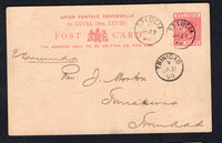 SAINT LUCIA - 1890 - POSTAL STATIONERY: 1d rose on buff QV postal stationery card (H&G 2) used with ST. LUCIA 'C' cds of CASTRIES. Addressed to TUNAPUNA, TRINIDAD with TRINIDAD transit cds on front and TUNAPUNA arrival cds on reverse.  (STL/22217)
