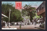 SAINT LUCIA - 1913 - MARITIME: Colour PPC 'Soufriere en Fete, St. Lucia' franked on picture side with 1912 1d carmine red GV issue (SG 79) tied by light 'FORT DE FRANCE A CAYENNE L. C' octagonal French maritime cancel with better strike on reverse. Addressed to FRANCE with arrival cds also on reverse.  (STL/22220)