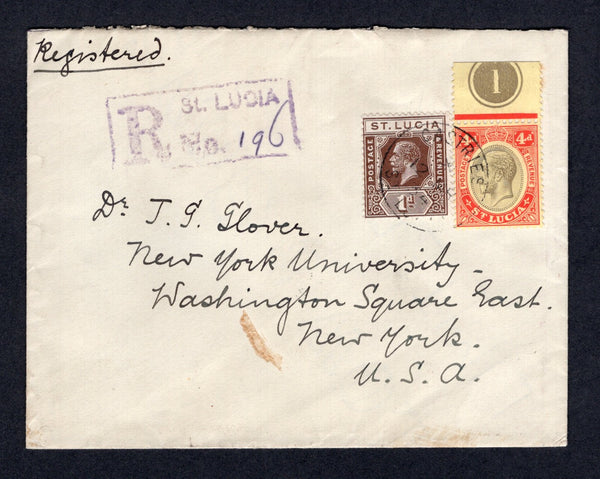 SAINT LUCIA - 1934 - REGISTRATION: Registered cover franked with 1921 1d deep brown and 4d black & red on yellow GV issue (SG 93 & 101) tied by CASTRIES cds with boxed 'ST. LUCIA' registration marking in violet alongside. Addressed to USA with transit & arrival marks on reverse.  (STL/22221)