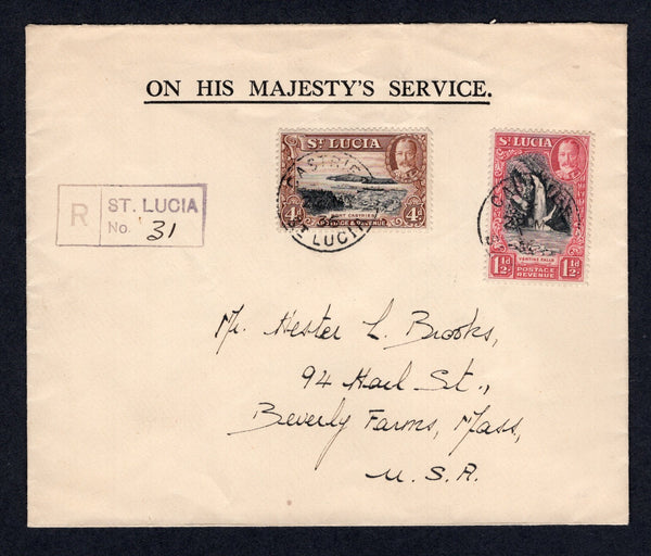 SAINT LUCIA - 1936 - REGISTRATION & OFFICIAL MAIL: Headed 'ON HIS MAJESTY'S SERVICE' official cover franked with 1936 1½d black & scarlet and 4d black & red brown GV issue (SG 115 & 119) tied by CASTRIES cds's with neat boxed 'ST. LUCIA' registration marking alongside. Addressed to USA with transit & arrival marks on reverse.  (STL/22224)