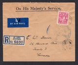 SAINT LUCIA - 1946 - REGISTRATION & HIGH VALUE FRANKING: Headed 'On His majesty's Service' official cover franked with single 1938 3/- bright purple GVI issue (SG 136a) tied by oval REGISTERED CASTRIES cancel with printed blue & white 'ST. LUCIA (CASTRIES)' registration label alongside. Sent airmail to CANADA with TRINIDAD transit cds and Canadian arrival marks on reverse. Scarce stamp genuinely used on cover.  (STL/22227)