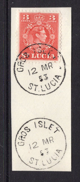 SAINT LUCIA - 1953 - CANCELLATION: 3c scarlet GVI issue tied on piece by GROS ISLET cds dated 12 MR 1953 with fine second strike alongside. (SG 148)  (STL/23976)