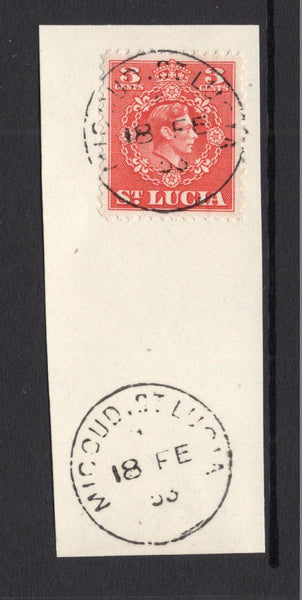 SAINT LUCIA - 1953 - CANCELLATION: 3c scarlet GVI issue tied on piece by MICOUD cds dated 18 FEB 1953 with second strike alongside. (SG 148)  (STL/23977)