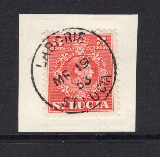 SAINT LUCIA - 1953 - CANCELLATION: 3c scarlet GVI issue tied on piece by fine LABORIE cds dated MAR 19 1953. (SG 148)  (STL/23979)