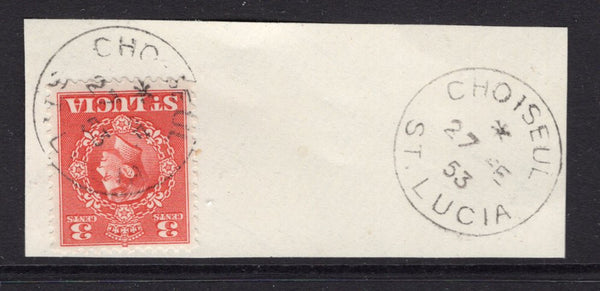 SAINT LUCIA - 1953 - CANCELLATION: 3c scarlet GVI issue tied on piece by CHOISEUL cds dated 27 FEB 1953 with fine second strike alongside. (SG 148)  (STL/23980)