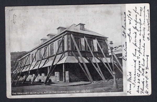 SAINT LUCIA - 1908 - EARTHQUAKE POSTCARD: Black & white PPC inscribed 'The Treasury on stilts after the Earthquake of 16/2/06' franked with 1904 1d carmine EVII issue (SG 67) tied by CASTRIES cds dated FEB 29 1908. Addressed to CANADA. Nice card.  (STL/24794)