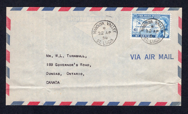 SAINT LUCIA - 1958 - CANCELLATION: Airmail cover franked with single 1958 6c blue QE2 issue (SG 186) tied by fine MABOUYA VALLEY cds with second fine strike alongside. Addressed to CANADA.  (STL/26431)