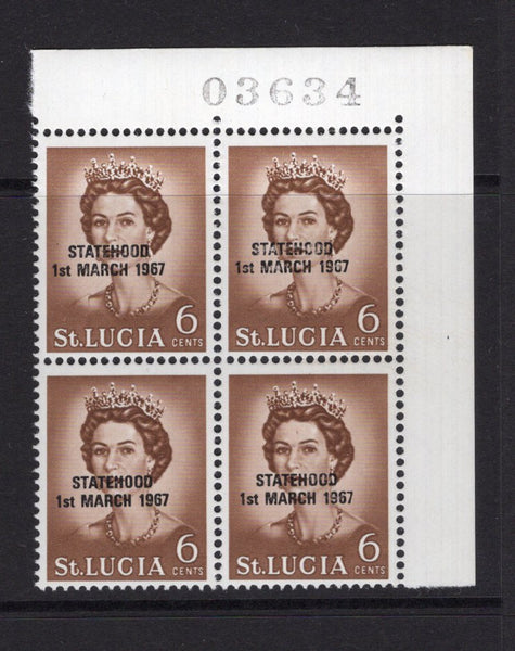 SAINT LUCIA - 1967 - UNISSUED: 6c yellow brown QE2 issue with 'STATEHOOD 1ST MARCH 1967' overprint in black PREPARED FOR USE BUT UNISSUED a fine mint corner marginal block of four with '03634' sheet number handstamped in margin. (See note in SG)  (STL/32715)
