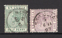 SAINT LUCIA - 1891 - CANCELLATION: ½d dull green and 1d dull mauve QV issue, Die 2 both used with fine strikes of ST. LUCIA 'S' cds of SOUFRIERE dated1897 & 1902 respectively. (SG 43/44)  (STL/32777)
