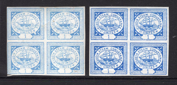 SAINT LUCIA - 1872 - LOCAL ISSUE: 1d blue 'St. Lucia Steam Conveyance Company' STEAMSHIP local issue, two mint blocks of four from the first printing in pale blue with brown gum being transfer types 6, 4, 9 & 7 and the second printing in bright blue with lighter white gum. The first printing is scarce.  (STL/33280)
