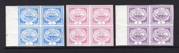 SAINT LUCIA - 1872 - LOCAL ISSUE: 1d bright blue, 3d pink and 6d purple 'St. Lucia Steam Conveyance Company' STEAMSHIP local issue, the set of three in fine mint blocks of four from the second printing with lighter white gum.  (STL/33285)
