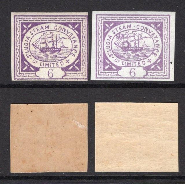 SAINT LUCIA - 1872 - LOCAL ISSUE: 6d deep purple and 6d purple 'St. Lucia Steam Conveyance Company' STEAMSHIP local issue, two fine mint copies from the first printing in the darker shade of purple with brown gum and the second printing in the lighter shade with white gum. The first printing is scarce.  (STL/33290)