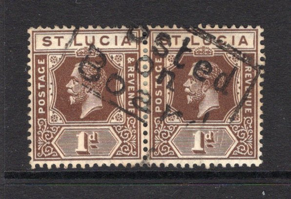 SAINT LUCIA - 1921 - MARITIME & CANCELLATION: 1d deep brown GV issue, a horizontal pair used with fine strike of boxed 'POSTED ON BOARD' Barbados maritime cancel. (SG 93)  (STL/33412)