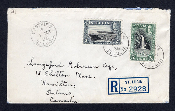 SAINT LUCIA - 1936 - GV ISSUE & REGISTRATION: Registered cover franked with 1936 2d black & grey and 3d black & dull green GV issue (SG 116 & 118) tied by CASTRIES cds's dated 1 MAR 1936 with printed blue on white 'ST. LUCIA' formular registration label alongside. Addressed to CANADA with transit & arrival marks on reverse.  (STL/37182)