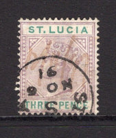 SAINT LUCIA - 1891 - FORGERY: 3d dull mauve & green QV issue fiscally used with a cleaned manuscript cancel with a FORGED ST LUCIA cds applied on top dated NO 8 1891. (SG 47)  (STL/40520)