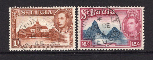 SAINT LUCIA - 1938 - CANCELLATION: 1/- brown & 2/- blue & purple GVI issue both used with good strikes of VIEUX-FORT cds dated 1944 & 1945. (SG 135/136)  (STL/40521)
