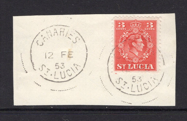 SAINT LUCIA - 1953 - CANCELLATION: 3c scarlet GVI issue tied on piece by fine CANARIES cds dated 12 FE 1953 with fine second strike alongside. (SG 148)  (STL/6540)