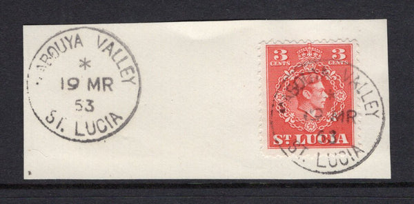 SAINT LUCIA - 1953 - CANCELLATION: 3c scarlet GVI issue tied on piece by fine MABOUYA VALLEY cds dated 19 MR 1953 with fine second strike alongside. (SG 148)  (STL/6542)