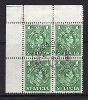 SAINT LUCIA - 1949 - MULTIPLE: 1c green GVI issue perf 14, a fine used corner marginal block of four with central CASTRIES cds dated 11 DEC 1950. This printing was mostly used for the COIL issue, however a few sheets were distributed as normal. Very Scarce. (SG 128, see note below SG 159)  (STL/6566)