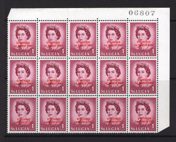 SAINT LUCIA - 1967 - UNISSUED: 1c crimson QE2 issue with 'STATEHOOD 1ST MARCH 1967' overprint in red PREPARED FOR USE BUT UNISSUED a fine mint corner marginal block of fifteen with '06807' sheet number handstamped in margin. (See note in SG)  (STL/6572)