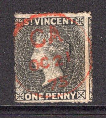 SAINT VINCENT - 1872 - CANCELLATION: 1d black QV issue used with fine complete strike of CA cds of CALLIAQUA in red dated OCT 21 1875. Fine & scarce. (SG 18)  (STV/36794)