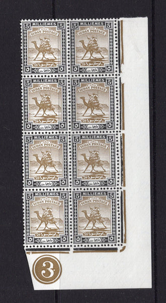 SUDAN - 1927 - MULTIPLE: 5m olive brown & black 'Camel Postman' issue, watermark 'SG', a fine mint corner marginal block of eight with '3' Plate number in margin. (SG 41)  (SUD/16081)